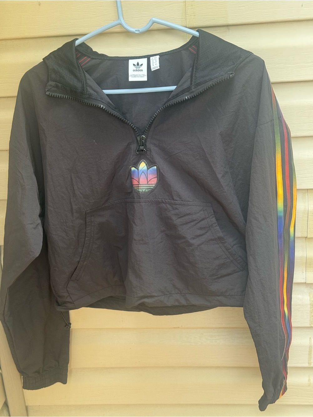 adidas Black Kids Hooded Windbreaker with Rainbow Stripe Details